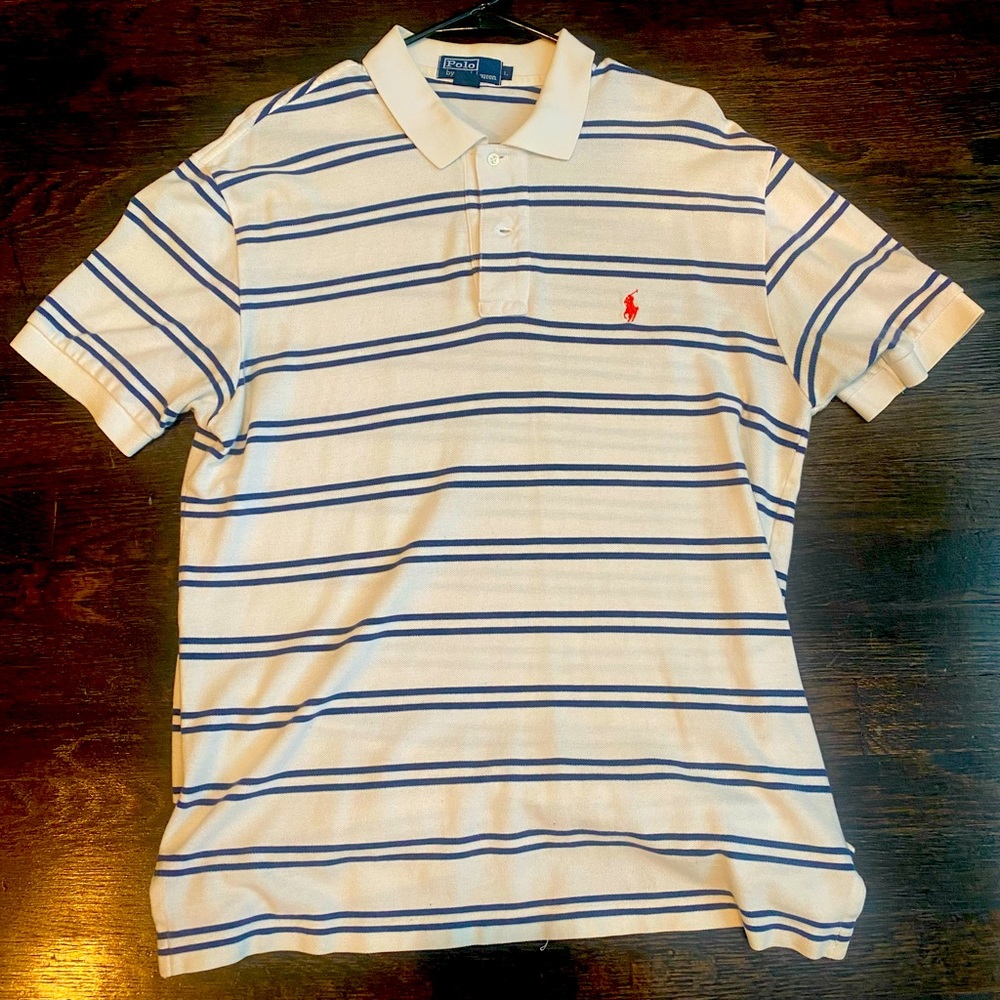 Classic Men’s Polo by Ralph Lauren Striped White and Navy Blue Polo - L